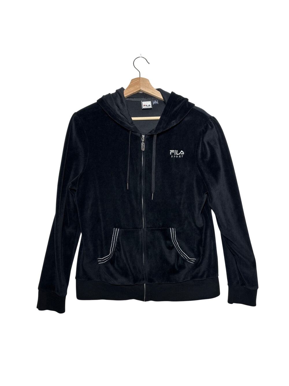 Fila Sport Y2K Women's Velour Track Jacket Hoodie Zip Front Black Size XL Retro